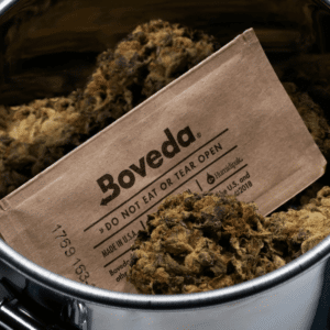 green cannabis flower with a Boveda pack in the jar