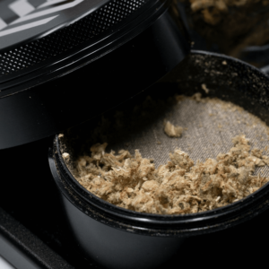 ground cannabis material in a grinder