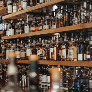 bar shelves filled with alcohol