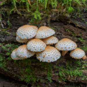 white mushrooms growing on a tree