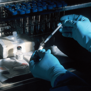 person wearing gloves holding syringe
