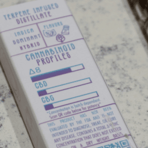 white and purple distillate product packaging