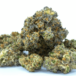 purple and green cannabis flower with trichomes