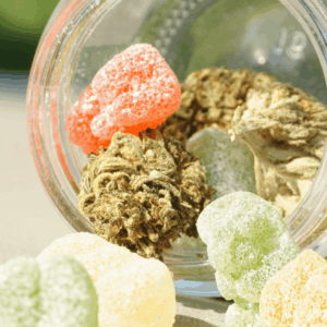 gummies and flower spilling out of jar