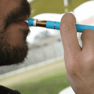 person with beard smoking blue pen