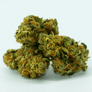 green and orange cannabis buds against white background