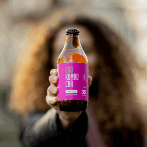 cbd kombucha with pink label