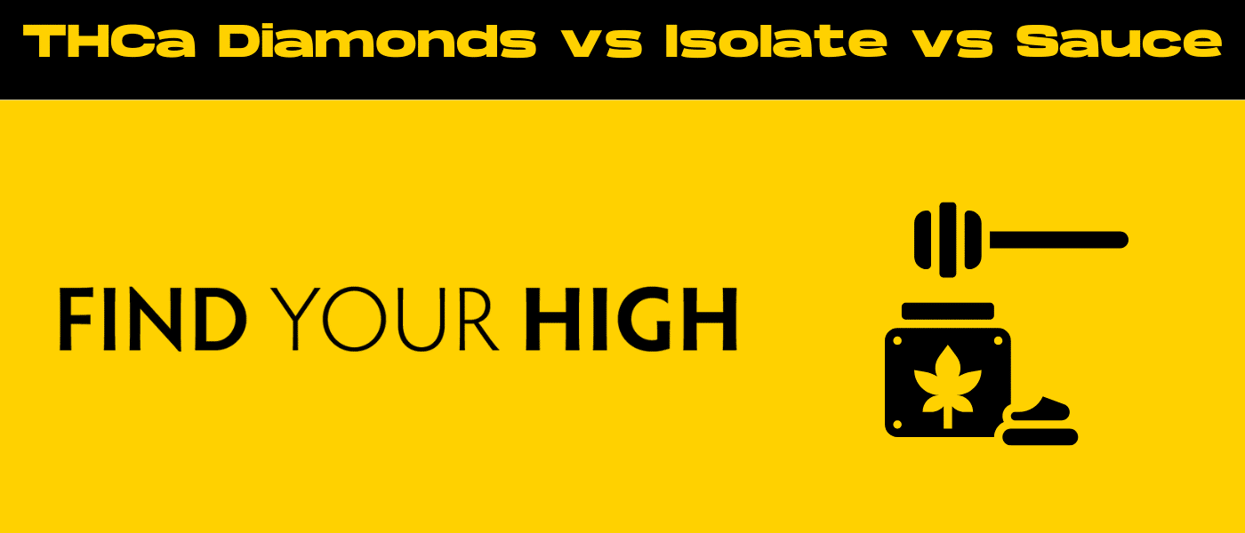 black and yellow banner image for thca diamonds vs isolate vs sauce blog