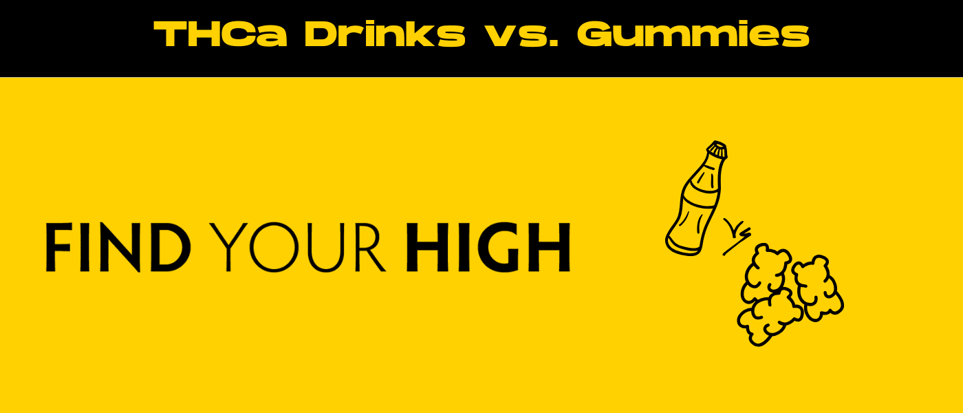 black and yellow banner image for thc drinks vs gummies blog