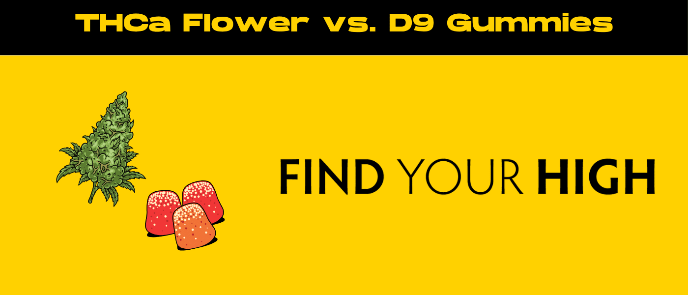 black and yellow banner image for thca flower vs hemp delta 9 gummies